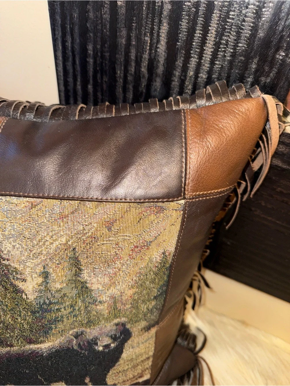 Bear Pillow Leather & Tapestry Throw Pillow Cabin, Mountain, Western Decor 17x17